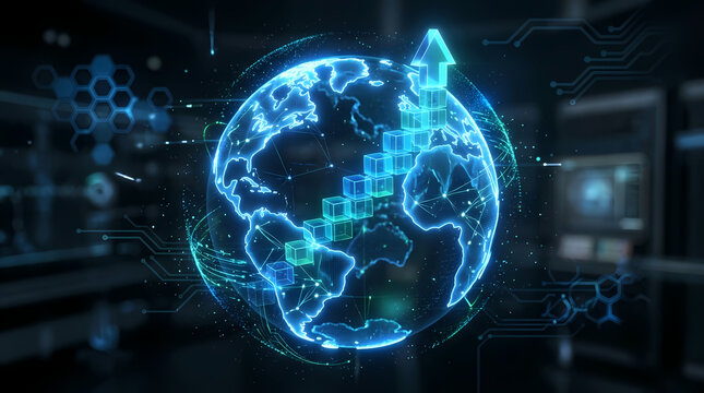 Digital earth globe representation showing global financial market growth with rising arrow and business connectivity metrics in a secure server room environment for international trade data