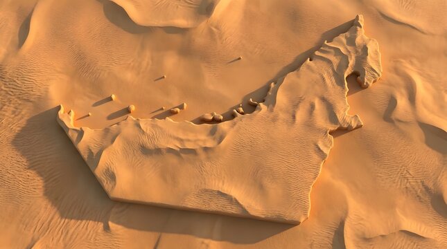 Detailed UAE desert relief map showing textured sand, raised terrain, and a dark blue coastline, combining physical geography with realistic cartographic and landscape elements.
