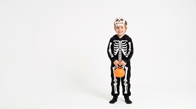 A cheerful young boy dressed as a skeleton, holding a pumpkin bucket for trick-or-treating on Halloween
