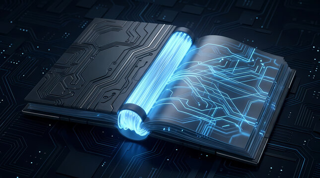 Open glowing digital book with intricate electronic circuitry patterns emanating light and energy across pages representing the future of knowledge acquisition and advanced artificial