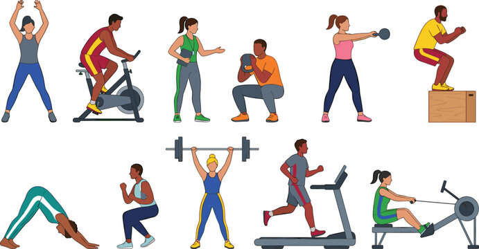 Gym Workout and Fitness Vector Character Set Featuring People Training on Treadmill Rowing Machine Stationary Bike and Lifting Weights for Exercise Designs
