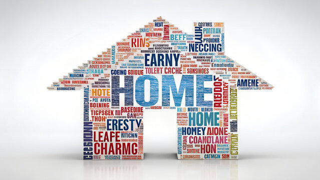 Home word tag cloud shaped like house silhouette isolated on clean white background.