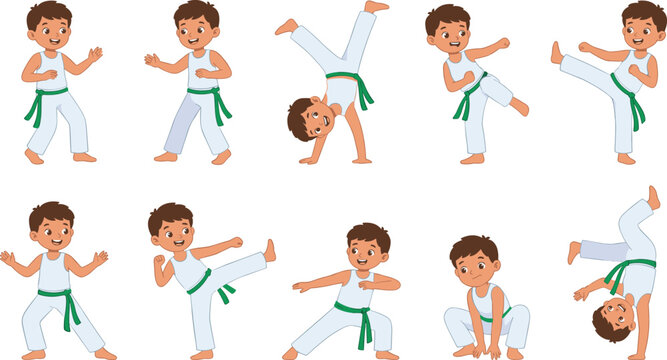 Cute Boy Doing Capoeira Vector Character Set Featuring Kids Martial Arts Poses Kicking Handstands and Acrobatics for Sports and Fitness Designs