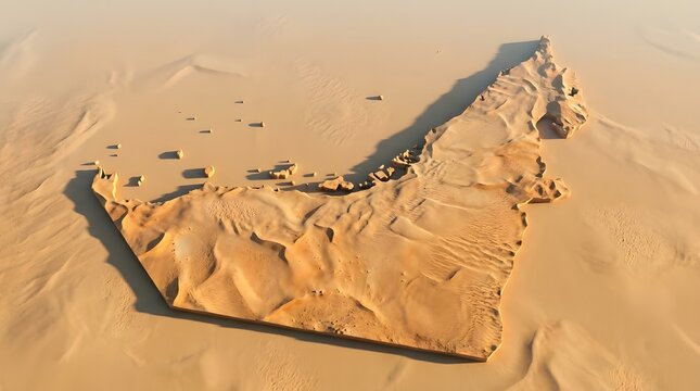Natural UAE relief map showing sandy desert terrain, coastal edges, and blue water from an overhead perspective, emphasizing physical geography and landscape detail.