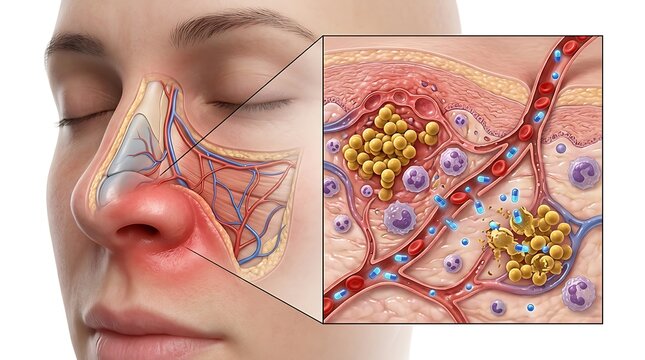 Microscopic view of antimicrobial therapy destroying cocci bacteria in the nasal tissue, illustrating the action of antibiotic medication delivered through the bloodstream for health.