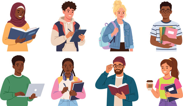 Diverse Group of Students Vector Character Set Featuring College Youth Holding Books Laptops Tablets and Notebooks for Higher Education Designs