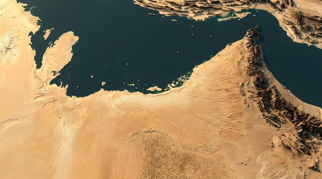 Top-down UAE coastal map showing pale desert land meeting deep blue water, with natural terrain detail and clean composition for geography, travel, navigation, and regional concepts.
