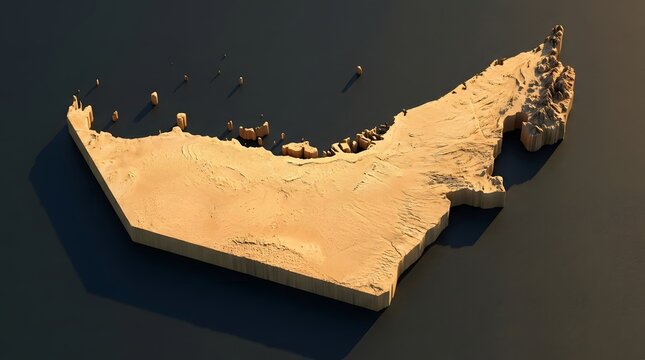 Close-up physical UAE map with textured sandy terrain and dark blue sea, emphasizing the country's distinctive coastline and geographic shape in a realistic overhead view.