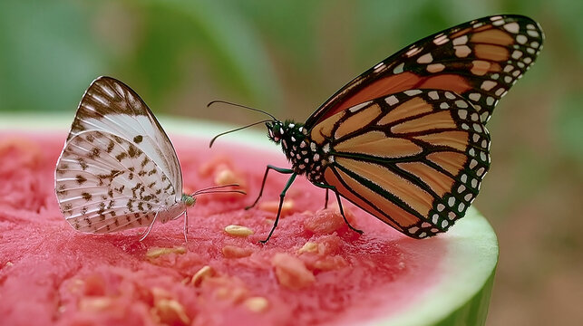 Two butterflies perched on a refreshing slice of red ripe watermelon in nature