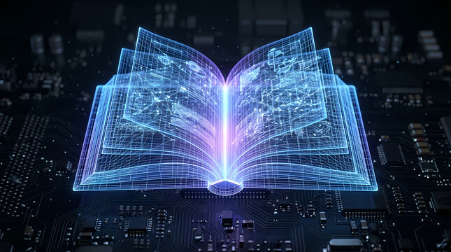Digital knowledge concept features a glowing hologram of an open textbook floating above a dark motherboard circuit board showing the fusion of advanced engineering and academic research learning