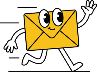 Fototapeta premium Cute yellow envelope cartoon character running and waving hand