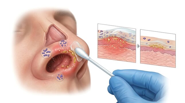 Medical illustration of applying antimicrobial ointment to a nasal infection using a cotton swab, featuring magnified insets of bacteria on skin layers and a gloved hand for treatment.