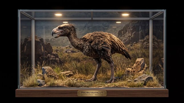 A Realistic Museum Display Case Featuring a Taxidermy Model of an Extinct Flightless Moa Bird in a Natural Grassland Habitat Setting
