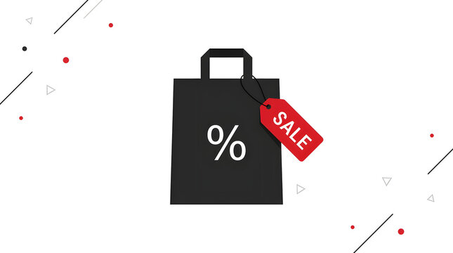 Black shopping bag icon with red sale tag and percent symbol on minimalist background for retail promotions