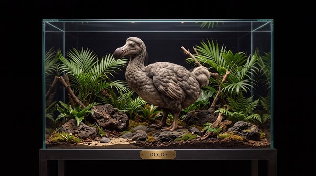 Detailed diorama of an extinct dodo bird inside a glass terrarium with lush tropical foliage and rocks
