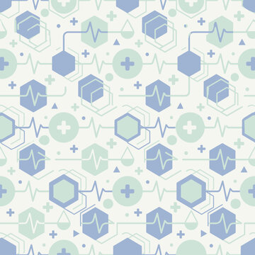 Seamless medical pattern with scientific hexagons and heartbeat lines for healthcare research and hospital background design
