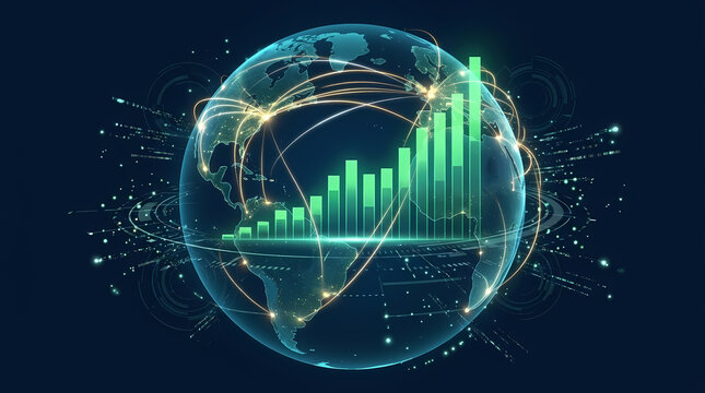 Global finance performance indicators shown on a digital earth sphere representation symbolizing international trade market growth trends with connectivity networking lines during a period of