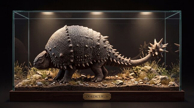Detailed diorama of an armored doedicurus on display inside a glowing glass museum showcase