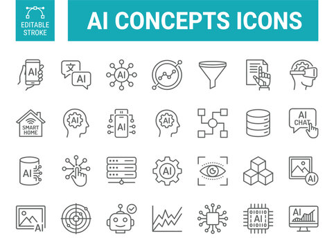 Set of artificial intelligence and machine learning thin line icons representing various technology concepts and digital data processing