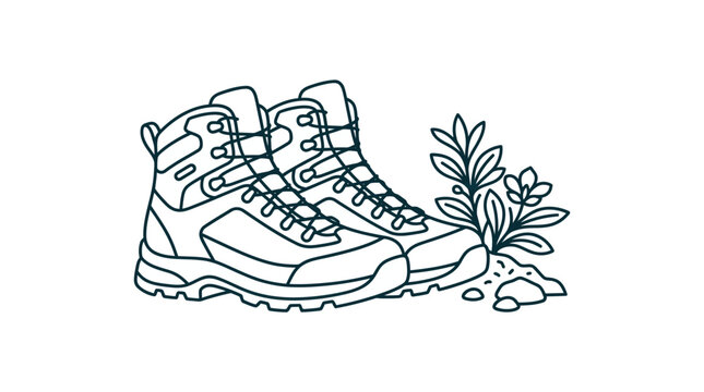 Pair of Hiking Boots with Nature Elements Line Art Illustration