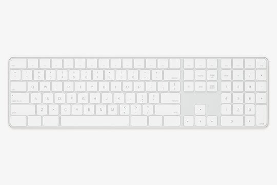 Sleek white wireless keyboard with numeric keypad on a plain background.