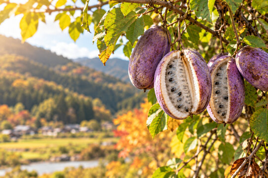 アケビの写真素材｜秋の味覚・紫色の果実・山の幸・野生のアケビ / Akebia Fruit Photography, Japanese Autumn Wild Fruit and Edible Fruit