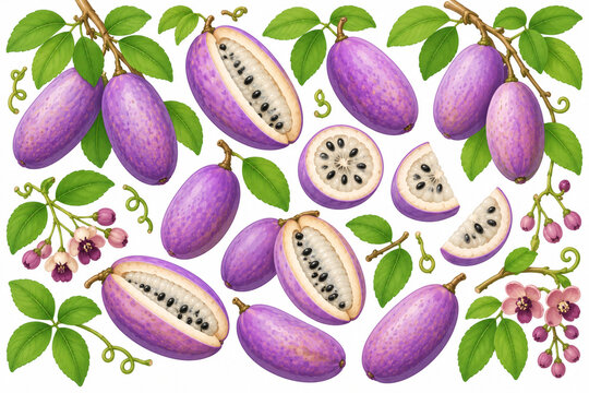 可愛いアケビのイラスト素材｜秋の味覚・山の果実・紫色のアケビを描いたキュートな植物素材 / Cute Akebia Fruit Illustration, Japanese Autumn Wild Fruit