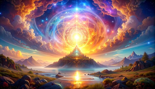 神聖な山と宇宙の光：アカシックレコードと神秘的なファンタジー風景