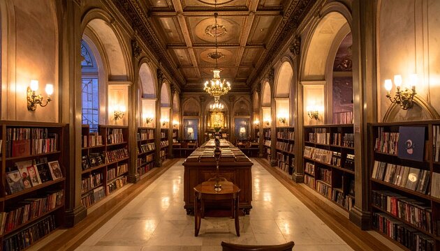 温かい光に包まれたクラシックで美しい図書館の風景