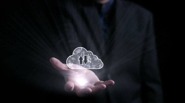 Creative illustration of cloud technology featuring upload and download symbols with folders in a hand, demonstrating the concept of digital data transfer and storage. Qubit