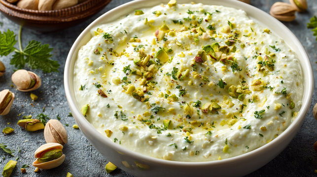 Greek yogurt or labneh bowl topped with chopped pistachios and olive oil