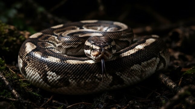 Majestic ball python coiled in low light for wildlife photography or editorial use