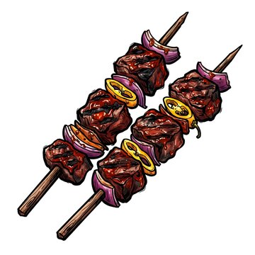 Dynamic cartoon illustration of Peruvian anticuchos featuring grilled beef skewers with charred edges, chili marinade and fresh vegetables.