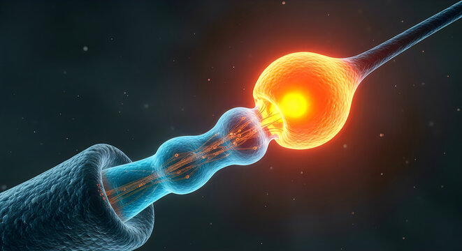 A sperm cell approaching a glowing egg cell in a microscopic cosmic scene