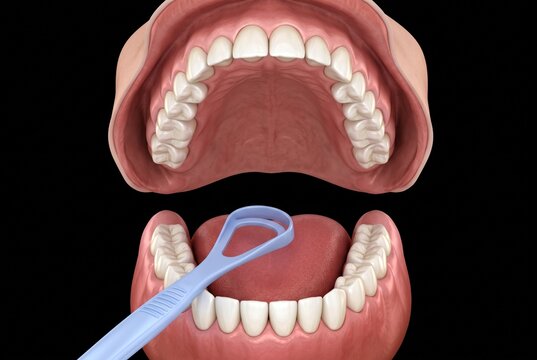 Detailed 3D illustration of tongue scraping inside the human mouth, featuring a reusable tongue scraper, tongue, teeth, gums and palate, for oral hygiene, fresh breath and dentistry education