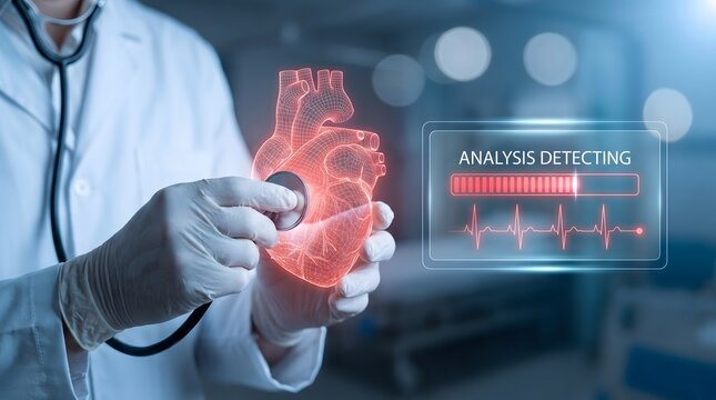Advanced cardiovascular diagnostics a physician utilizing cutting edge technology to analyze a holographic heart projection for precise patient care and treatment