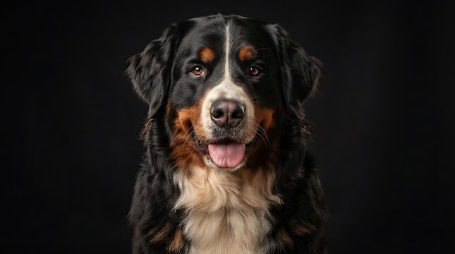 Majestic Bernese Mountain Dog with tongue out, happy and friendly expression on black background