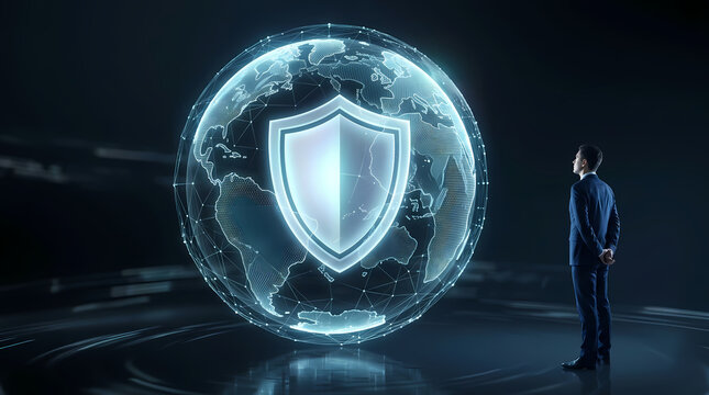 A business professional observes a glowing digital globe display representing global security measures and cyber protection strategies designed to keep international information networks safe