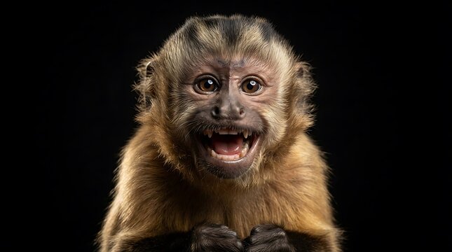 Close-up of a capuchin monkey with expressive grin and wide-open mouth