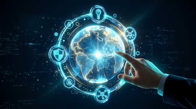A business professional interacts with a glowing digital globe interface featuring interconnected icons representing global networking communications security data analytics and futuristic