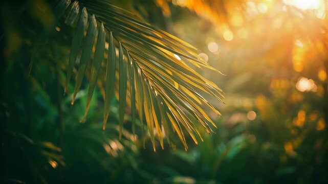Palm Leaf Glowing in Golden Sunlight Through Dense Jungle Foliage Cinematic Nature Background