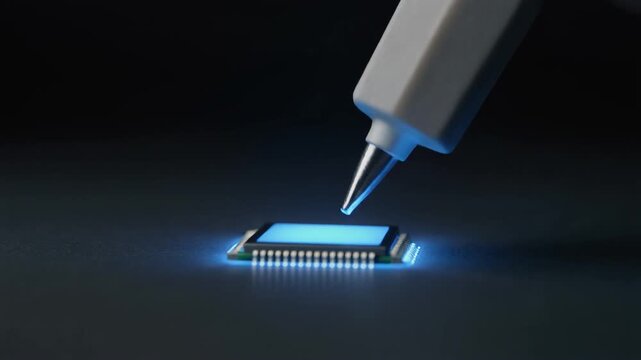 Gripper Tool Lowering Toward Glowing Microchip