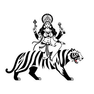 Goddess Durga Riding a Tiger Black and White Vector Illustration for Navratri