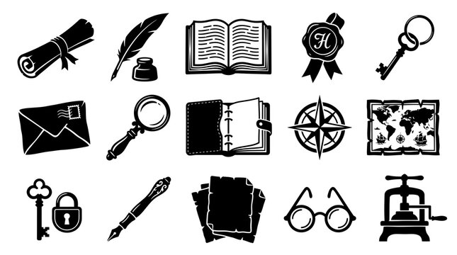 Vintage History Black  White Glyph Icons Set for Study, Writing  Discovery: Scroll, Book, Map, Key, Compass