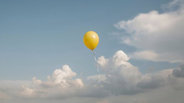Yellow balloon flying high in blue sky with clouds