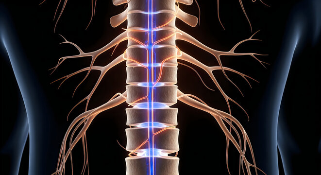 Anatomical illustration of the human spine and nervous system from a posterior view
