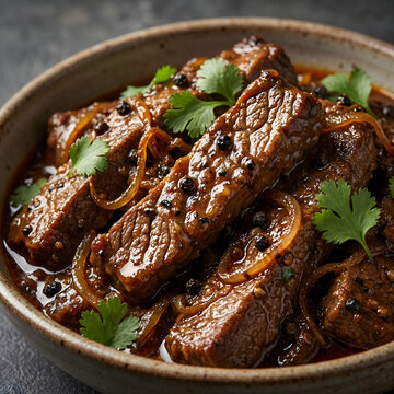 Savory beef stew, rich slow-cooked meat dish with tender slices of braised beef, caramelized onions, and whole black peppercorns, garnished with fresh green cilantro, a hearty and flavorful meal