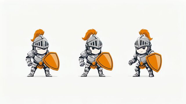 Three Cartoon Knights in Armor Holding Shields Stand Ready for Battle Against Threats with Dynamic Poses
