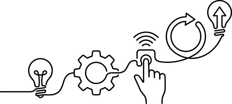 Idea generation and implementation process with cogwheel and lightbulb icons