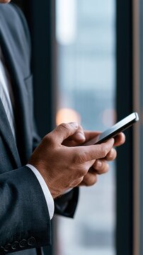 Professional businessman in sharp suit using smartphone for communication and business tasks with modern office background